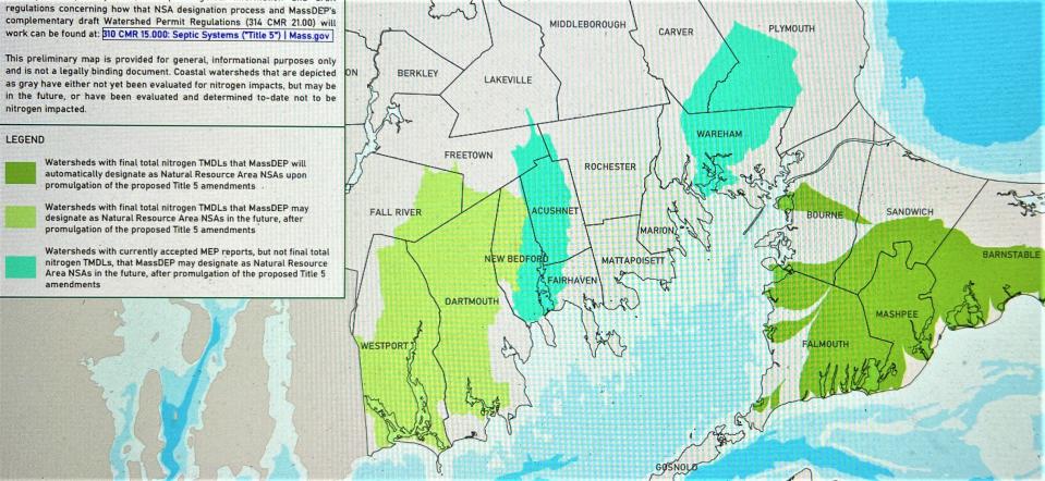 While the Cape communities would immediately be affected with the ammendments' passage, the timeline on the next tier of affected communities - including large portions of Westport, Dartmouth, New Bedford, part of Freetown, and a portion of Fall River - has not been specified by DEP. 
And next in line behind those communities as potential NSA designees, again without specified timelines, are areas including another wide swath of New Bedford, much of Acushnet, a portion of Fairhaven, as well as much of Wareham and portions of Carver and Plymouth.