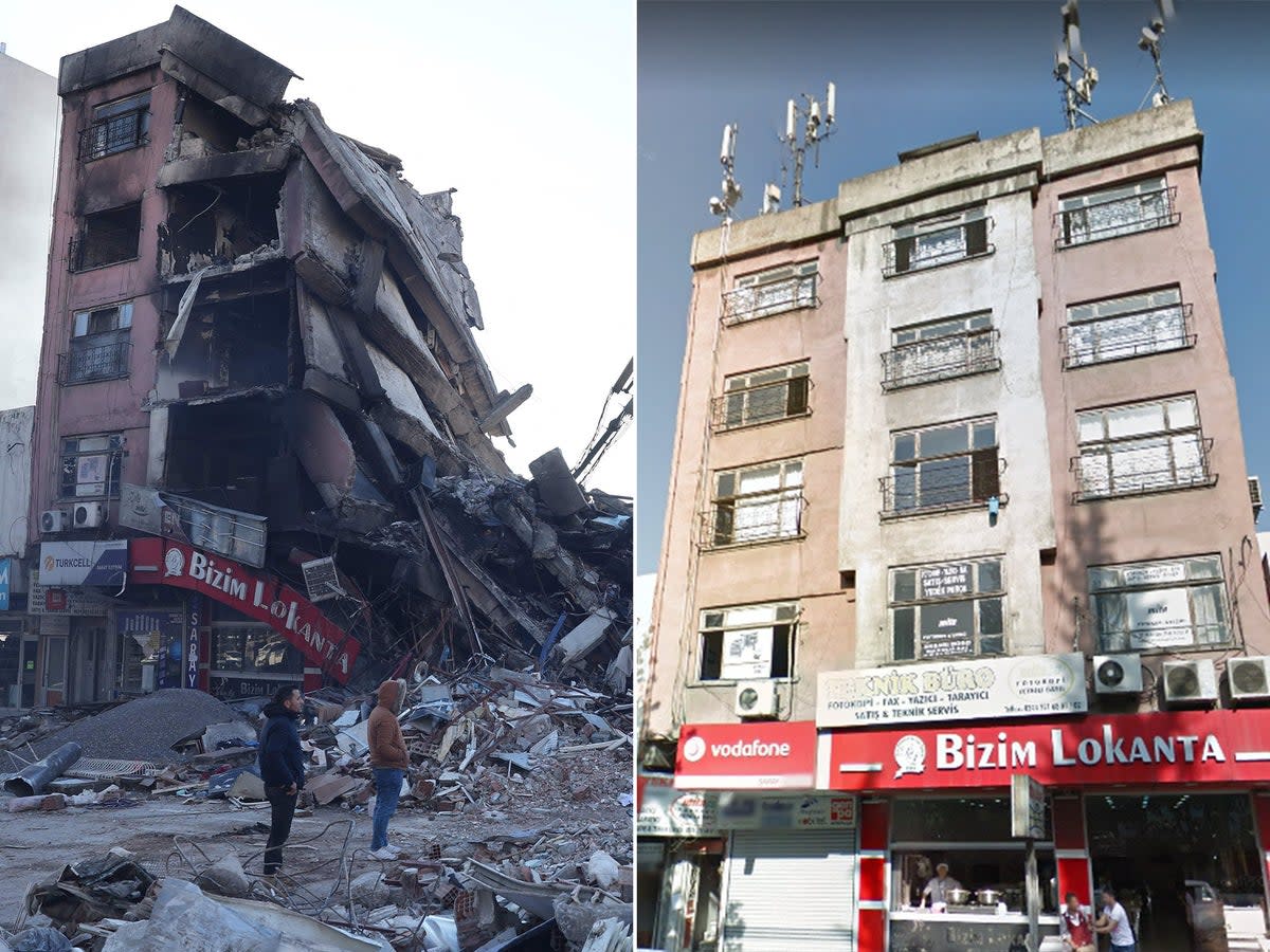 Left: Collapsed buildings in central Kahramanmaras, near the epicentre of Monday’s earthquake. Right: Same street in 2018. (AFP/Getty/Google)