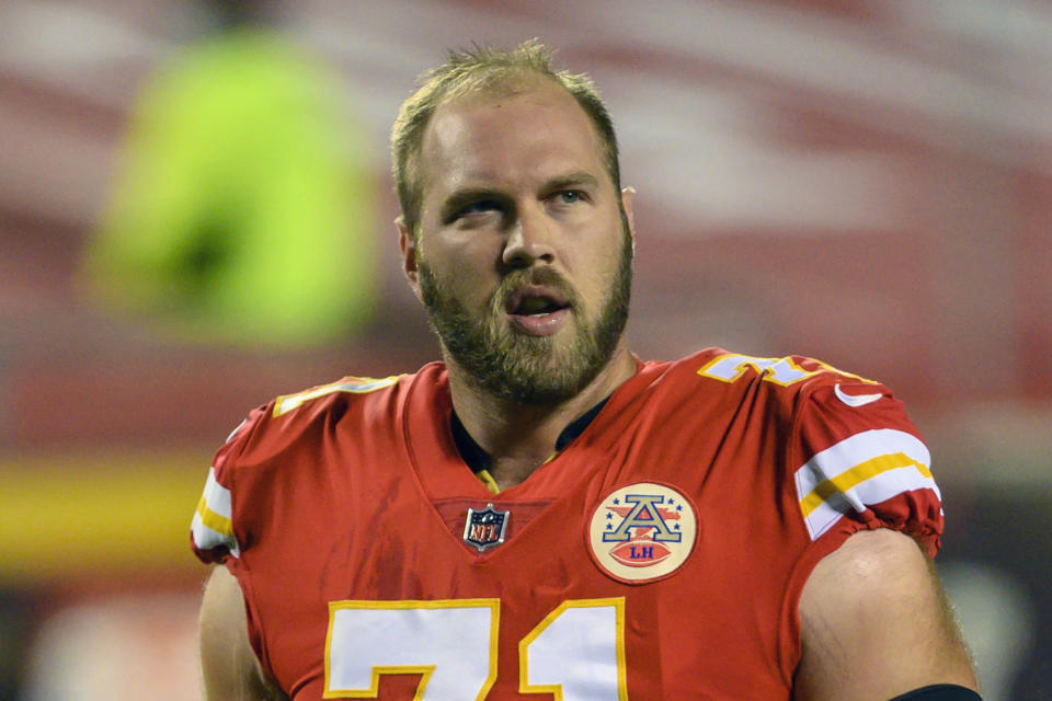 FILE - Kansas City Chiefs offensive tackle Mitchell Schwartz (71) is shown during an NFL football game against the Houston Texans in Kansas City, Mo., in this Thursday, Sept. 10, 2020, file photo. Whether it was Kansas City getting rid of banged-up and expensive starting offensive tackles Mitchell Schwartz and Eric Fisher, or the Raiders cutting ties with Lamarcus Joyner and Tyrell Williams, veterans around the league have been sent to the chopping block. (AP Photo/Reed Hoffmann, File)