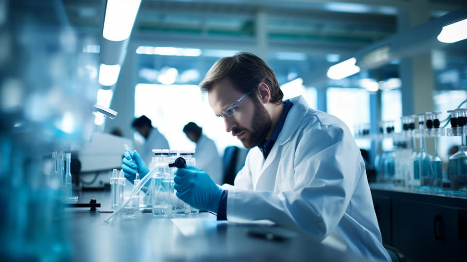 A research scientist in an idiopathic pulmonary fibrosis laboratory, carrying out clinical trials.