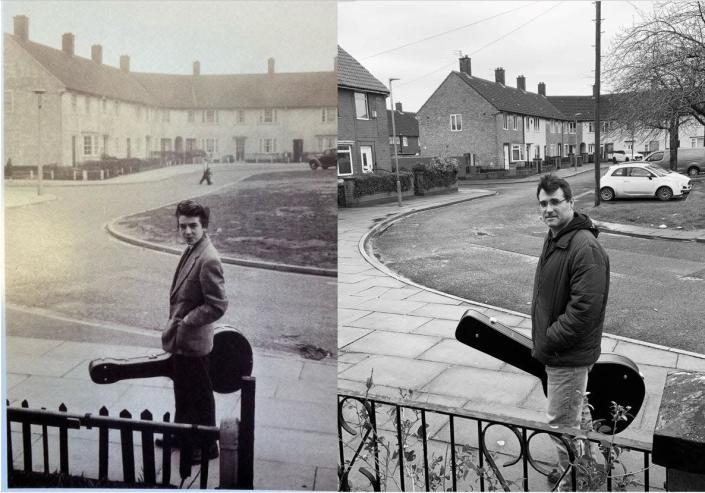 Ken Lambert, a Beatles fan from Hampton, just purchased George Harrison&#x002019;s childhood home in Liverpool. He is pictured (left) recreating a picture of Harrison holding his guitar outside the home at 25 Upton Green.