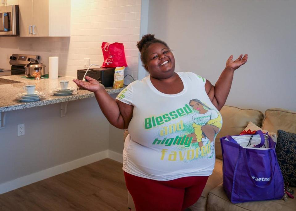 Ashlay Mortimer, who has battled with mental health issues, is grateful as she settles in her new apartment at the Foot Print to Success Clubhouse on Thursday, June 6, 2024, Pembroke Pines, Florida.