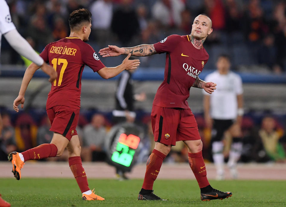 <p>Soccer Football – Champions League Semi Final Second Leg – AS Roma v Liverpool – Stadio Olimpico, Rome, Italy – May 2, 2018 Roma’s Radja Nainggolan celebrates scoring their third goal with Cengiz Under REUTERS/Alberto Lingria </p>