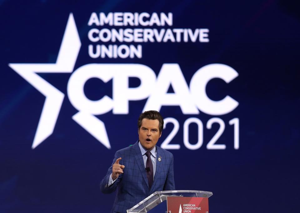 <p>Rep. Matt Gaetz (R-FL) addresses the Conservative Political Action Conference being held in the Hyatt Regency on February 26, 2021 in Orlando, Florida.</p> (Photo by Joe Raedle/Getty Images)