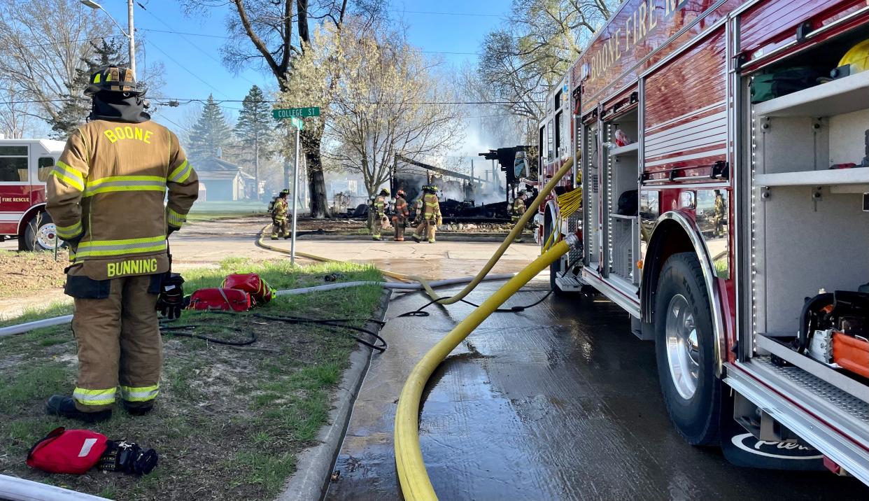 A fire burnt a home at the corner of College Street and Webster Street May 1 in Boone. Michael Glynn, 45, was arrested after engaging in a stand-off with Boone Police for more than two hours.