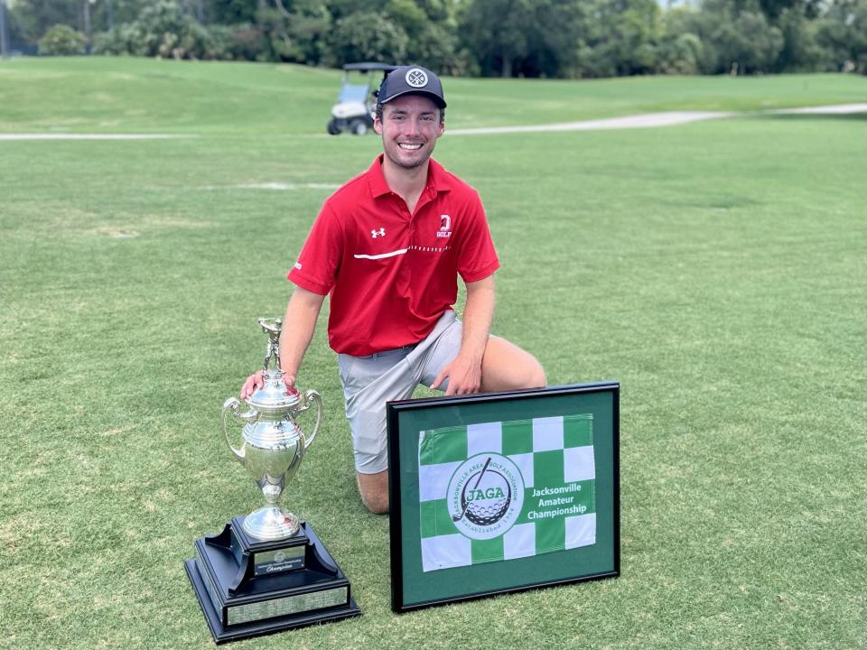 Will Davis display his hardware for winning the 62nd Jacksonville Area Golf Association Amateur Championship on Saturday at his home course, the San Jose Country Club.