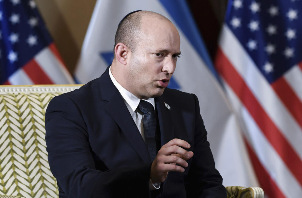 Israeli Prime Minister Naftali Bennett meets with Secretary of State Antony Blinken at the Willard Hotel in Washington, Wednesday, Aug. 25, 2021. (Olivier Douliery/Pool via AP)