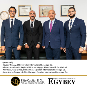 Egyptian International Beverage Co. signs an agreement to finance its new factories with Elite Capital & Co. Limited.(From Left) * Youssef Tinawy, CFO, Egyptian International Beverage Co.* Ahmad Aboelyazeid, Regional Director – Egypt, Elite Capital & Co. Limited* Amr Reda, CEO & Deputy Chairman, Egyptian International Beverage Co.* Amir Achraf, Treasury & Risk Manager, Egyptian International Beverage Co.