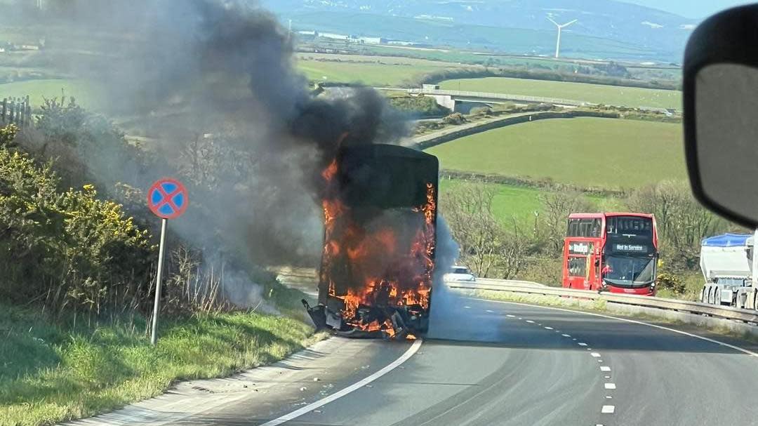 Bus on fire on A30 near Bodmin