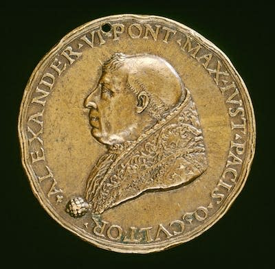 A coin from the 15th or 16th century shows Pope Alexander VI, who was born Rodrigo Borgia. <a href="https://www.gettyimages.com/detail/news-photo/roman-15th-or-16th-century-alexander-vi-pope-1492-obverse-news-photo/1162529633?adppopup=true" rel="nofollow noopener" target="_blank" data-ylk="slk:Sepia Times/Universal Images Group via Getty Images;elm:context_link;itc:0;sec:content-canvas" class="link ">Sepia Times/Universal Images Group via Getty Images</a>