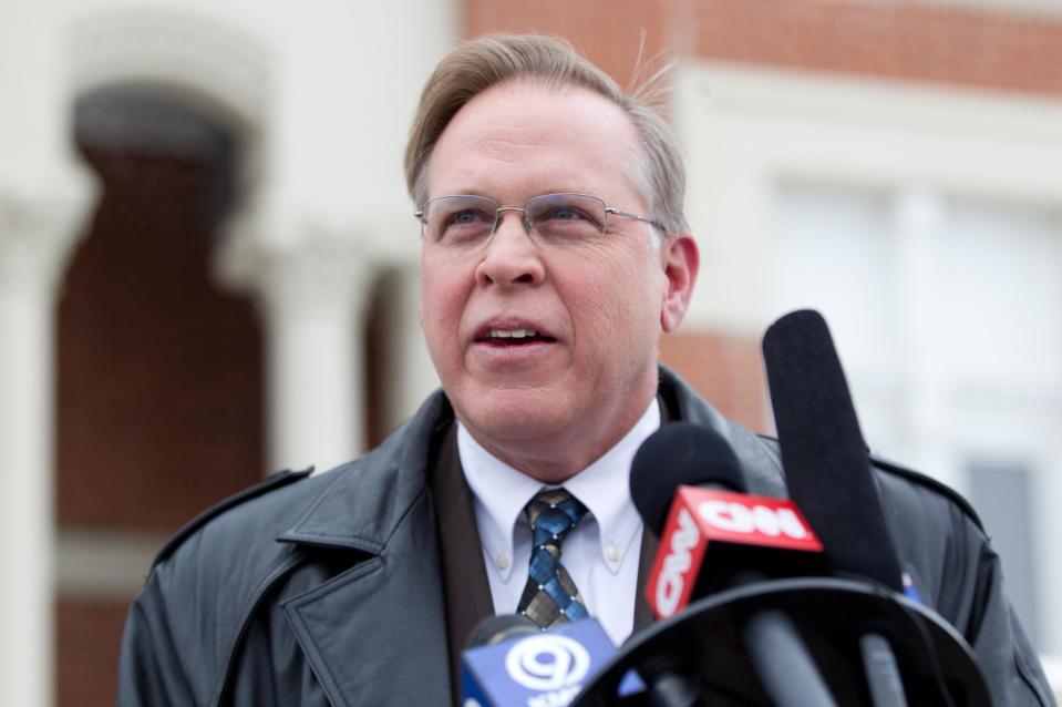 Matthew Barnett's counsel J.R. Hobbs makes a statement at a press conference outside the Nodaway County Courthouse in Maryville, Mo., Thursday, Jan. 9, 2014. Matthew Barnett pleaded guilty to child endangerment Thursday for his role in leaving an intoxicated 14-year-old girl in the cold outside her home two years ago. (AP Photo/ St. Joseph News-Press, Sait Serkan Gurbuz)