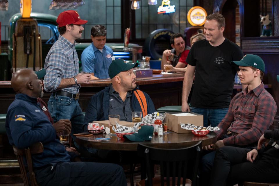 Kevin James (center) is pictured in a scene from "The Crew," a Netflix series that revolves around NASCAR. James will bring his "Owls Don't Walk" tour to the Peabody Auditorium in Daytona Beach for a show on April 4.