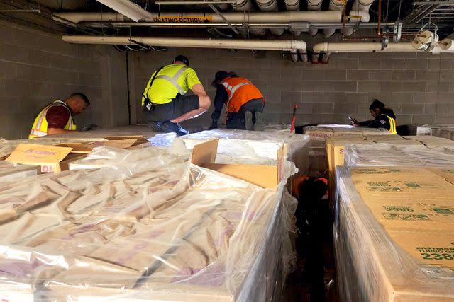 <p>Courtesy of Ginger Thompson</p> Southwest employees search for Breezy the Bengal cat at the Denver International Airport.