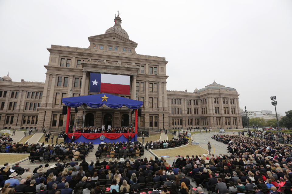 Texas Gov. Greg Abbott speaks after his inauguration ceremony, in Austin, Texas, Tuesday, Jan. 15, 2019. Abbott has made no mention of President Donald Trump's proposed border wall after taking the oath for a second term as Texas governor. (AP Photo/Eric Gay)