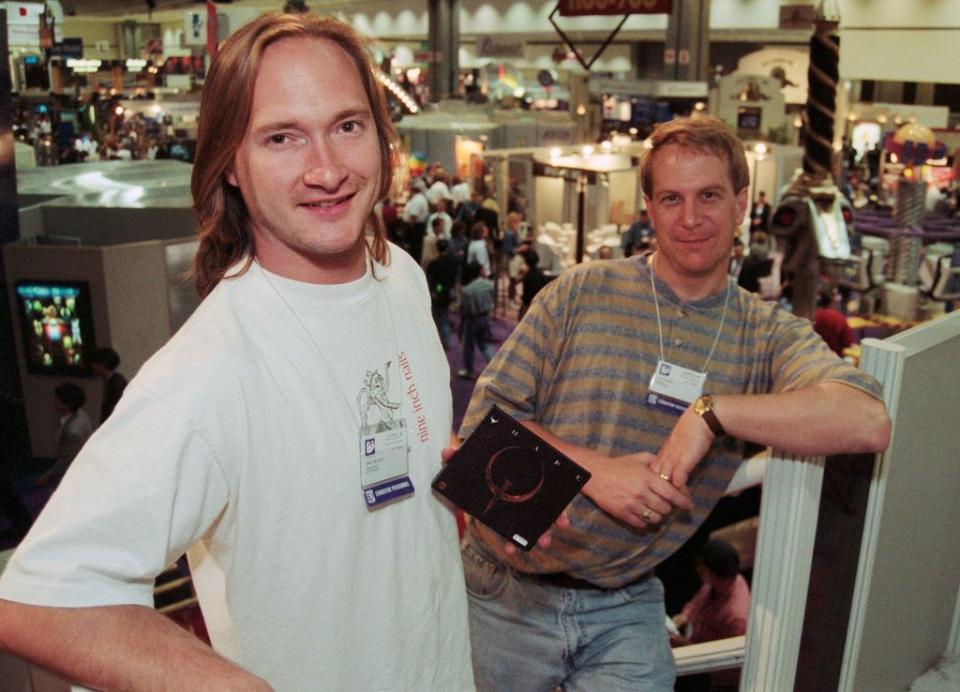 video game developers mike wilson and jay wilbur at e3 in los angeles