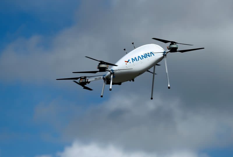 Manna Aero drone is seen as it delivers essential household and medical supplies in the Irish village of Moneygall