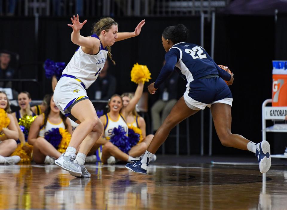 South Dakota State’s Myah Selland guards Oral Roberts’ Ruthie Udoumoh in the Summit League women’s semifinals on Monday, March 6, 2023, at the Denny Sanford Premier Center in Sioux Falls.