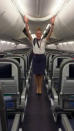 This flight attendant shows off her remarkable acrobatic skills to close the overhead bins with her feet - while wearing high heels. Lindsey O'Brien, 35, gripped onto the armrests before flipping upside down and using her feet to close four luggage containers above. She twirled back down to the aisle and lifted her arms in triumph as her fellow crew members cheered her on. The video was filmed in June aboard an aircraft which had been grounded in her home city of Philadelphia, Pennsylvania, due to Covid-19.