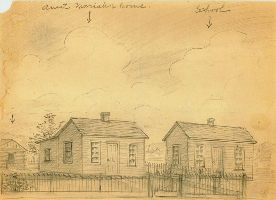 A sketch by George Washington Carver of the school he attended in Neosho, Missouri.