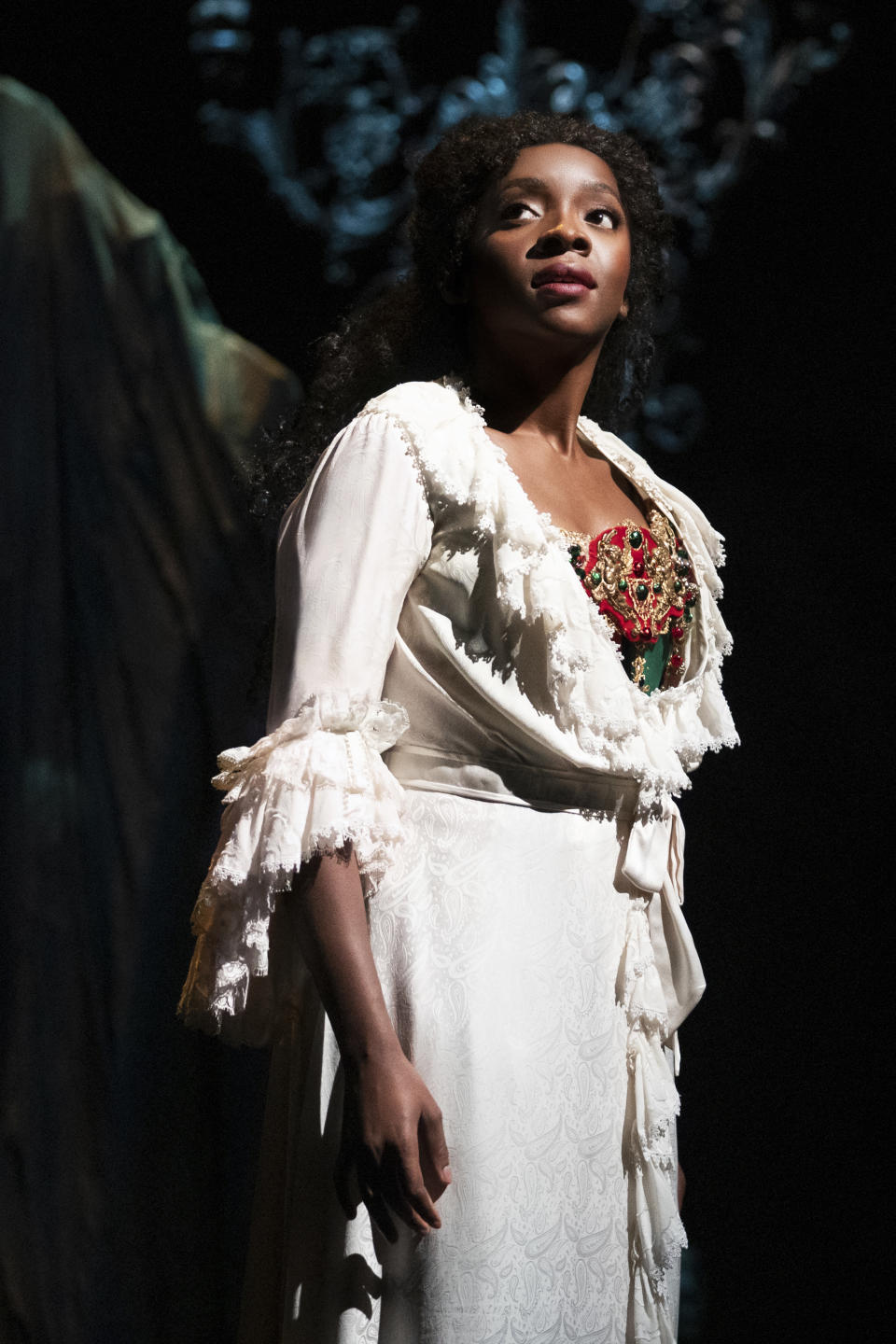 Emilie Kouatchou portrays Christine in a performance of "The Phantom of the Opera" in New York. Kouatchou is the first Black woman to play the role in the show’s 33-year history. (Matthew Murphy via AP)