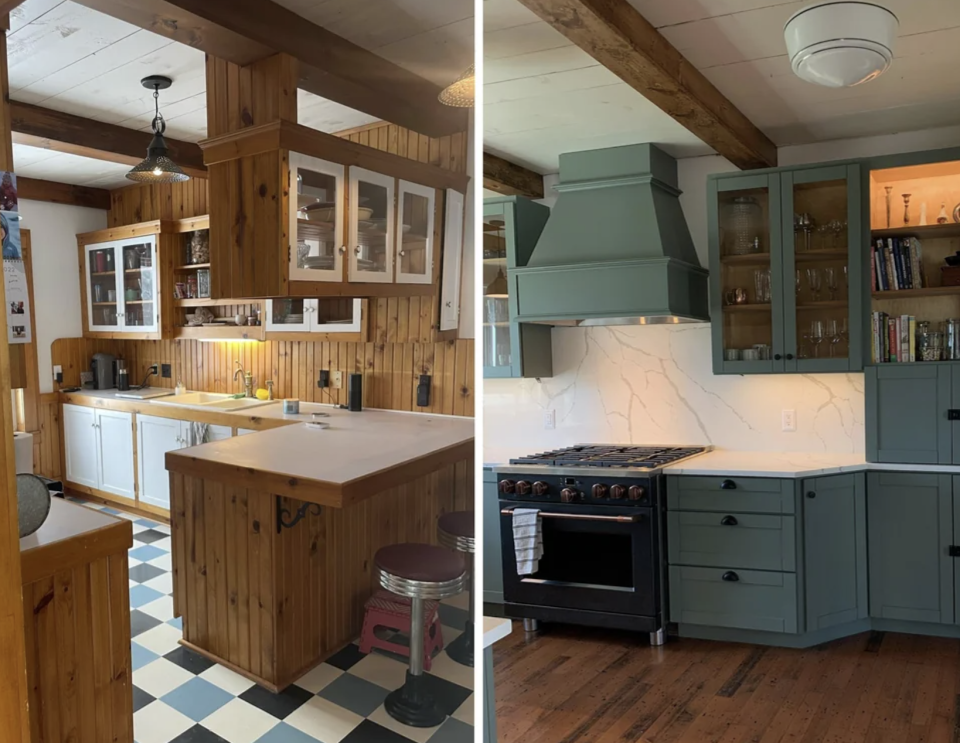 Two different kitchen designs: one with rustic wooden cabinets, the other with modern green cabinetry and marble backsplash