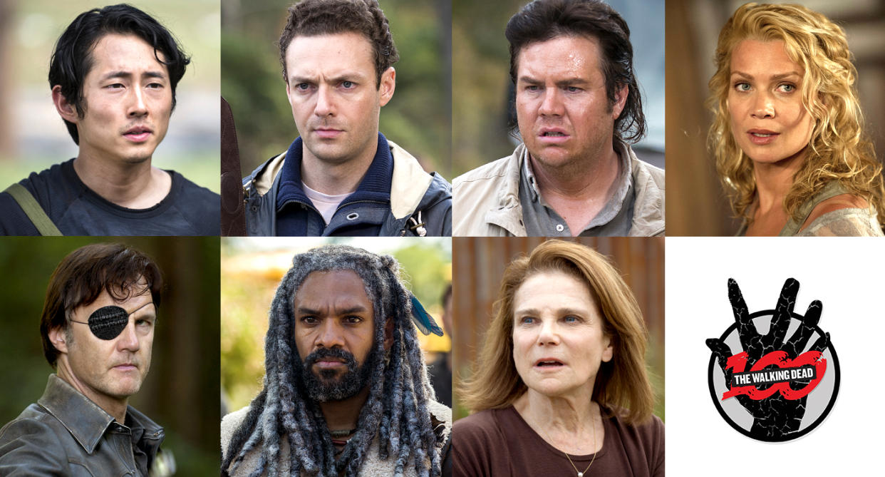 Steven Yeun as Glenn, Ross Marquand as Aaron, Josh McDermitt as Eugene, Laurie Holden as Andrea, David Morrissey as The Governor, Khary Payton as Ezekiel, and Tovah Feldshuh as Deanna in ‘The Walking Dead’ (Photo: Gene Page/AMC)(Photo: AMC)