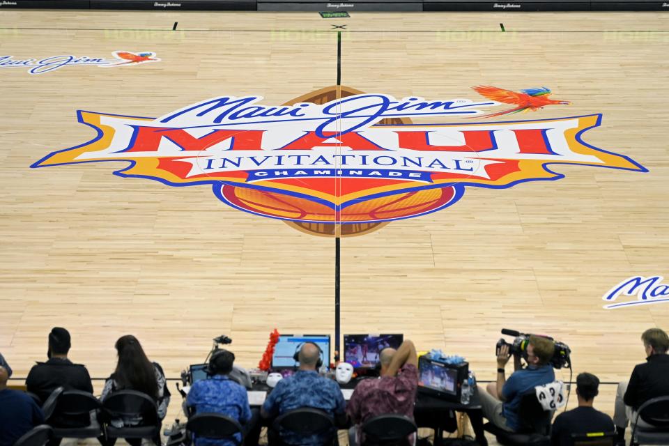 Center court is seen during the championship game between the Wisconsin Badgers and the St. Mary's Gaels of the 2021 Maui Invitational basketball tournament at Michelob ULTRA Arena on November 24, 2021 in Las Vegas, Nevada.