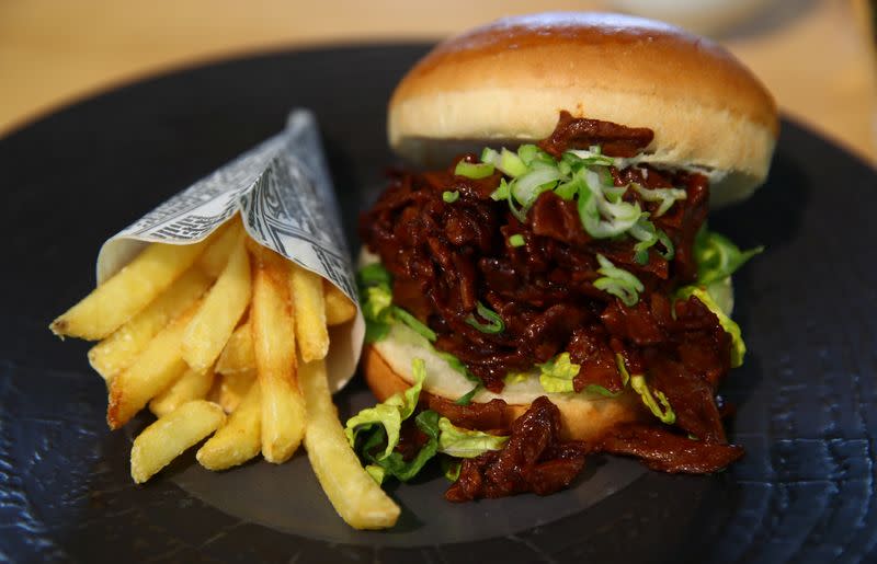 A plant based vegetarian burger of Garden Gourmet is pictured during a media presentation at Nestle in Vevey