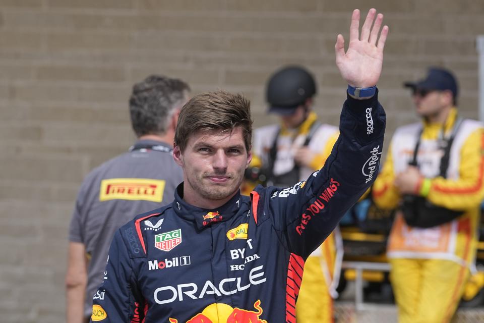 Red Bull driver Max Verstappen, of the Netherlands, reacts after winning the pole during for the sprint race ahead of the Formula One U.S. Grand Prix auto race at Circuit of the Americas, Saturday, Oct. 21, 2023, in Austin, Texas. (AP Photo/Darron Cummings)