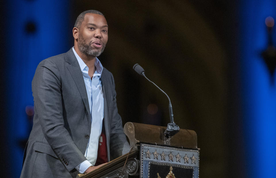 Author Ta-Nehisi Coates speaks during the Celebration of the Life of Toni Morrison, Thursday, Nov. 21, 2019, in New York. A stage production of Ta-Nehisi Coates' "Between the World and Me," his prize winning book about racism and police violence against Blacks, is being adapted by HBO for a special this fall. HBO announced Thursday that the program will feature readings from Coates' book and will be directed by Apollo Theater Executive Producer Kamila Forbes. (AP Photo/Mary Altaffer, File)