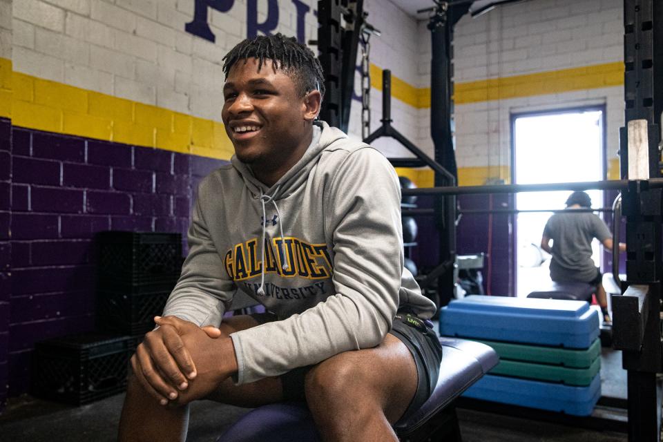 Skidmore-Tynan senior Marcus Gabriel, 18, a hearing impaired athlete who will play football at Galludet University, sits in the high school weight room during baseball practice on April 5, 2023, in Texas. 