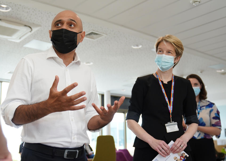 Health Secretary Sajid Javid alongside Amanda Pritchard, chief executive of NHS England, during a visit to Milton Keynes University hospital. Picture date: Tuesday August 10, 2021.