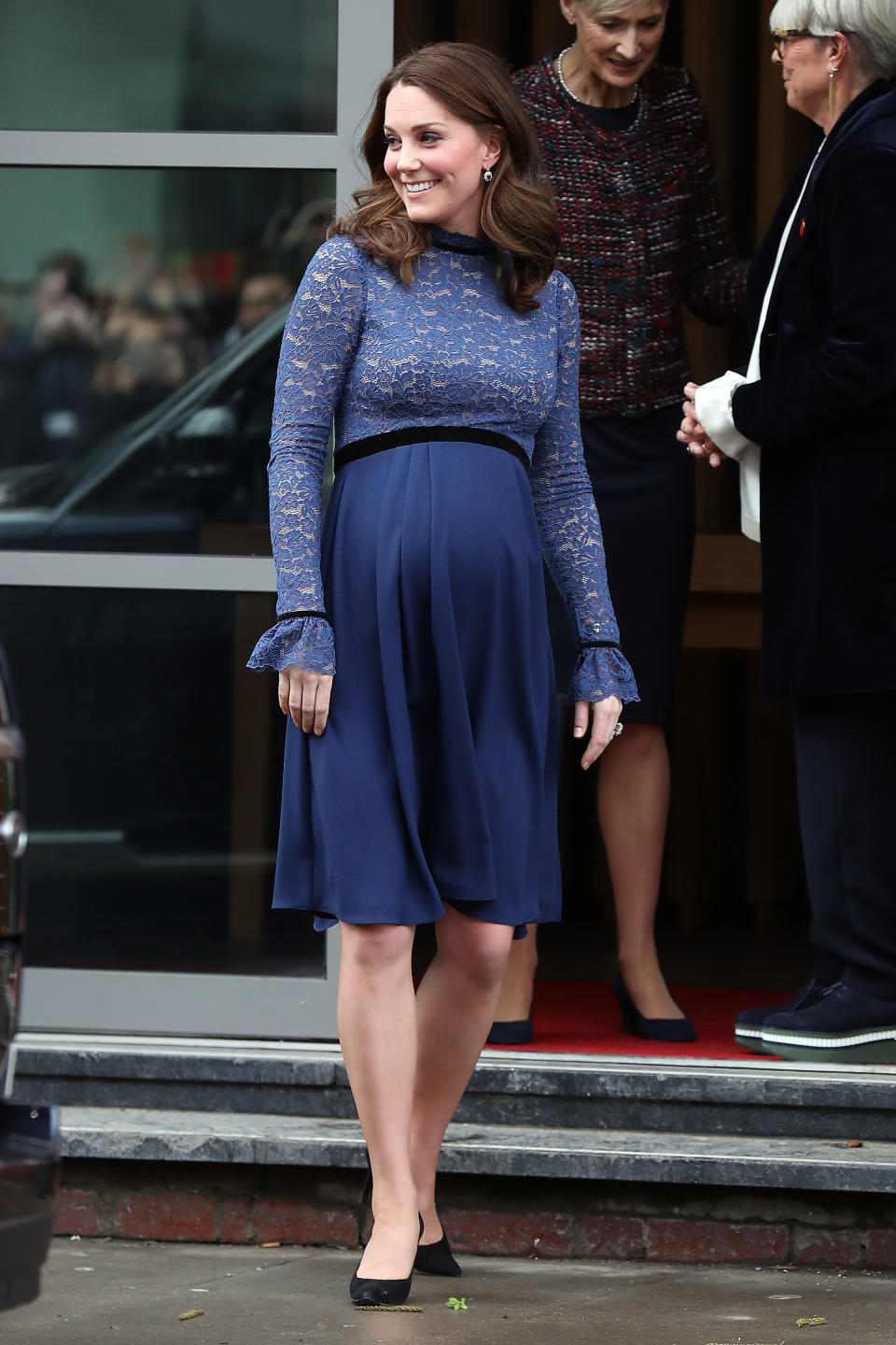 <p><strong>The occassion:</strong> To open the new Place2Be Headquarters in London.<br><strong>The look:</strong> A blue lace dress by Seraphine with a black clutch and black pumps. <br>[Photo: Getty] </p>