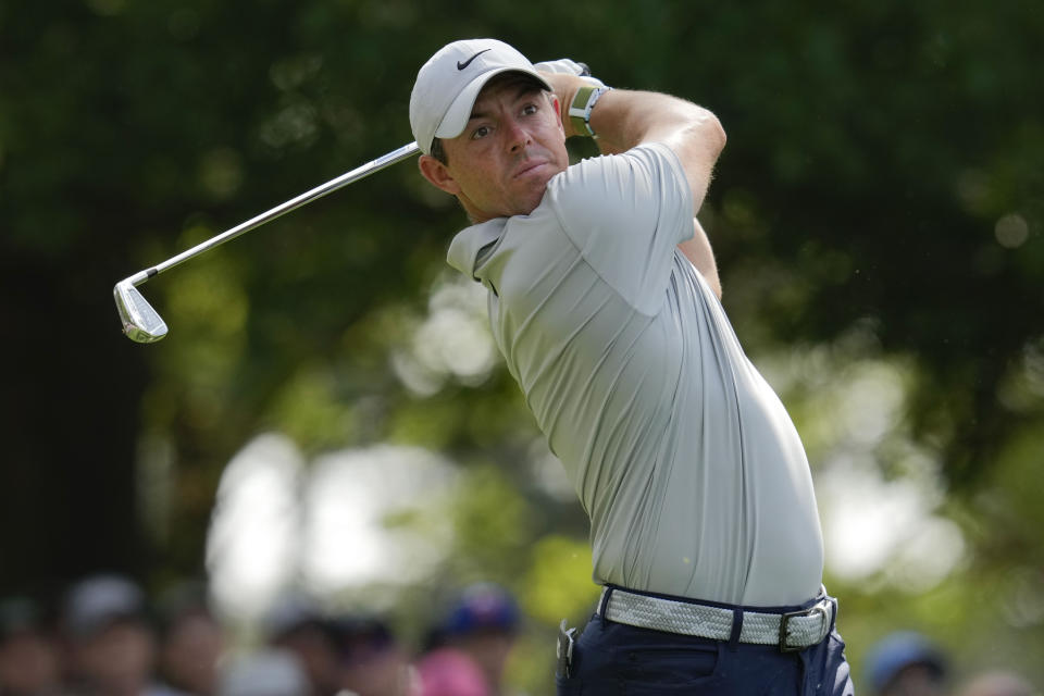 Rory McIlroy, of Northern Ireland, watches his tee shot on the fourth hole during the second round of the Masters golf tournament at Augusta National Golf Club on Friday, April 7, 2023, in Augusta, Ga. (AP Photo/Mark Baker)