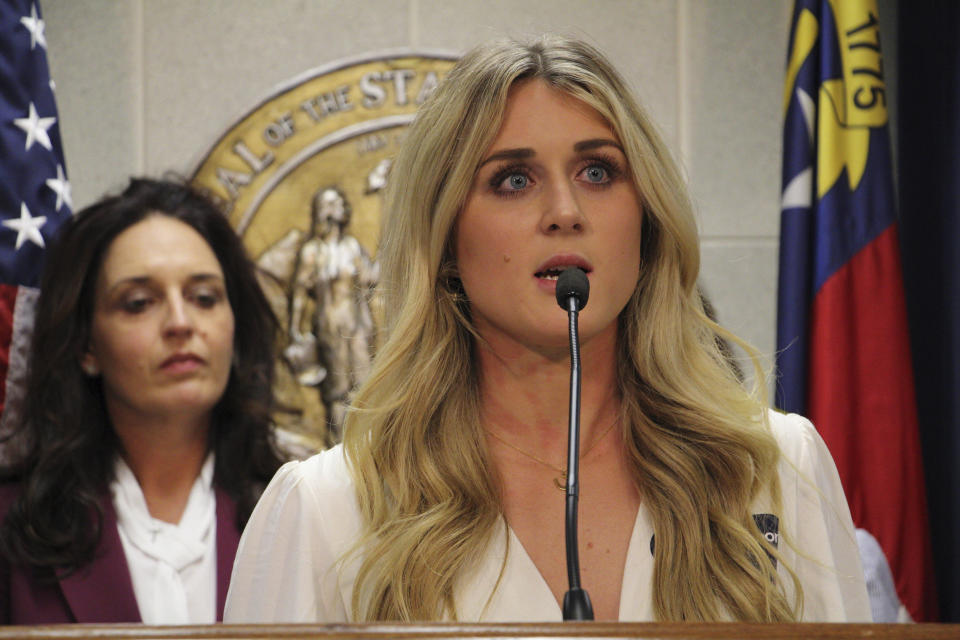 Former collegiate swimmer Riley Gaines speaks at a news conference about transgender inclusion in sports at the North Carolina Legislative Building, Wednesday, April 19, 2023, in Raleigh, N.C. The North Carolina House passed legislation Wednesday that would prohibit transgender girls from joining female sports teams in middle school, high school and college. (AP Photo/Hannah Schoenbaum)