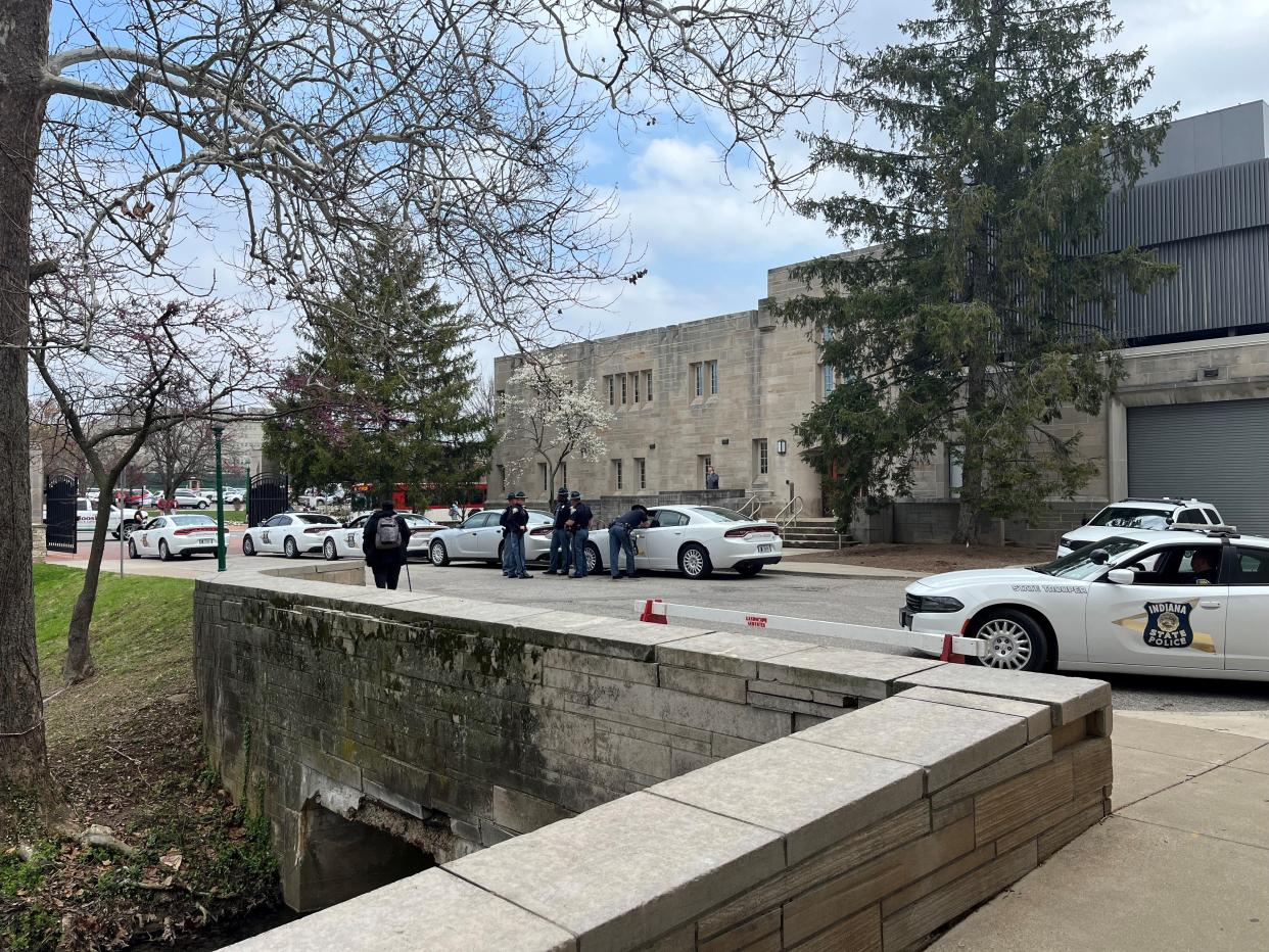 Indiana State Police cruisers and troopers are stationed outside of the Indiana Memorial Union on April 1, 2024.