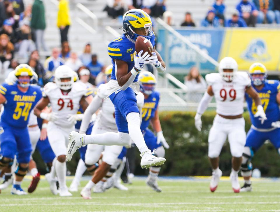 Delaware running back Marcus Yarns makes a catch in the first quarter against Elon at Delaware Stadium, Saturday, Nov. 4, 2023.