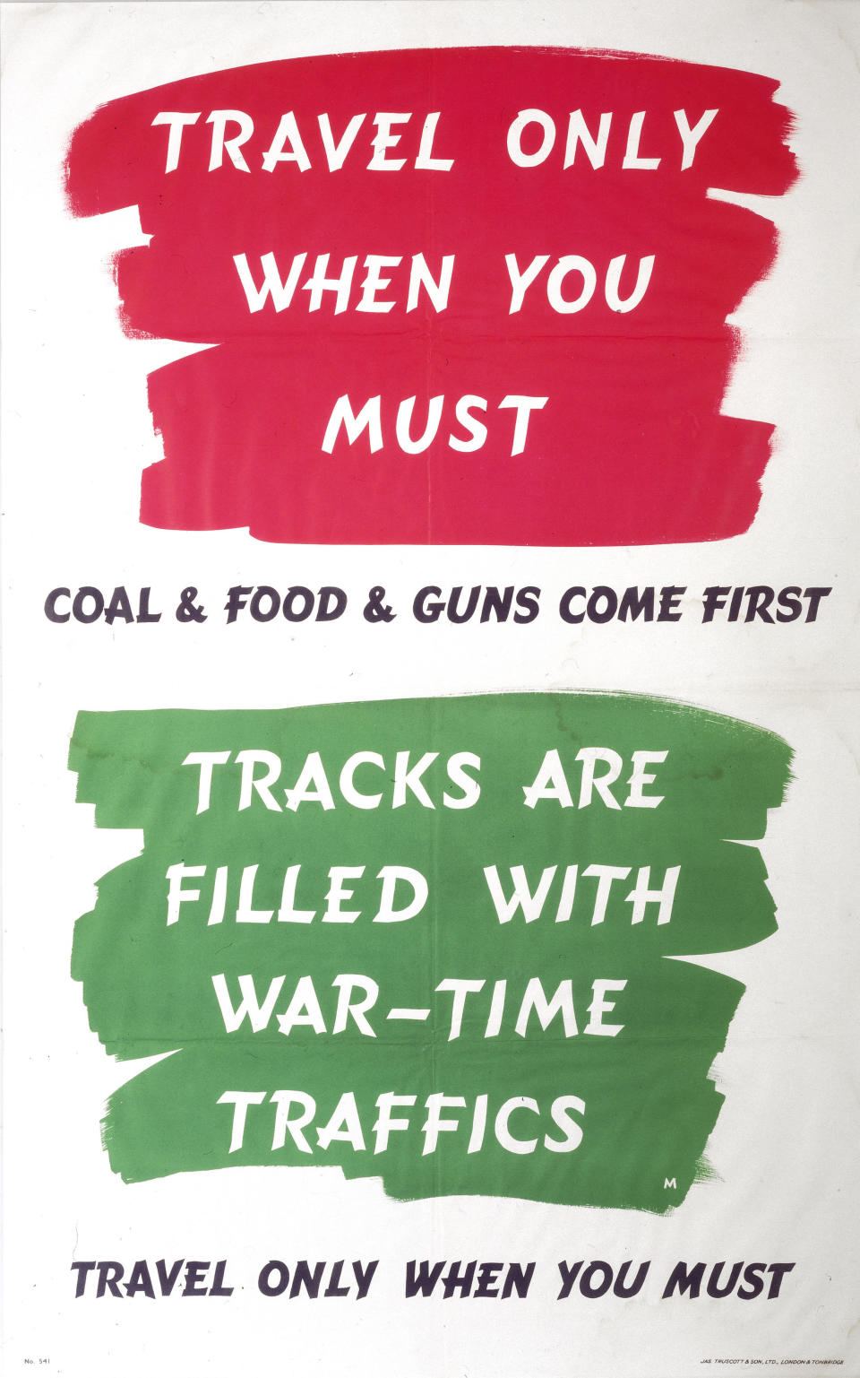 UNITED KINGDOM - MARCH 09:  Travel only when you Must - Coal & Food & Guns come first - Tracks are filled with War-Time Traffics'. Poster produced during World War II to convey the railwaysï¿½ priority of transporting vital war supplies before normal passenger traffic. Passengers were thus advised to avoid making unnecessary journeys which delayed war traffic.  (Photo by SSPL/Getty Images)