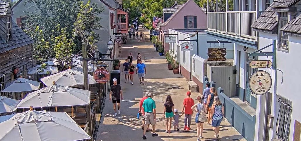 Couples, families, lone walkers amble down St. George Street in downtown St. Augustine, seen via a St. Augustine Live web cam.