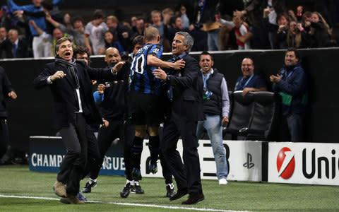 Jose Mourinho celebrates with Wesley Sneijder - Credit: Getty images