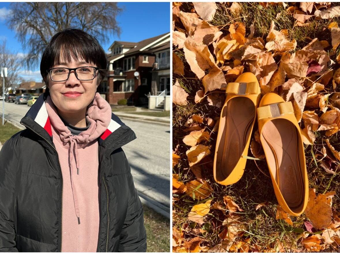  Grace Wang and her shoes for The Shoe Project. (Katerina Georgieva/CBC and submitted by Grace Wang - image credit)