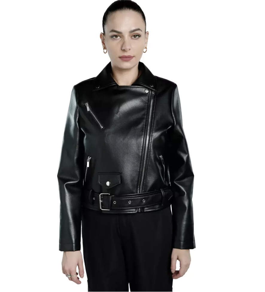 The London Rag Black Belted Faux Leather Biker Jacket comes with a belt and several zip compartments.