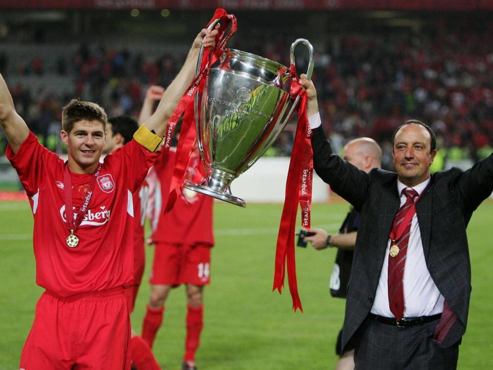 Rafa Benitez with then captain Steven Gerrard after their stunning fightback in Istanbul in 2005 (Getty)