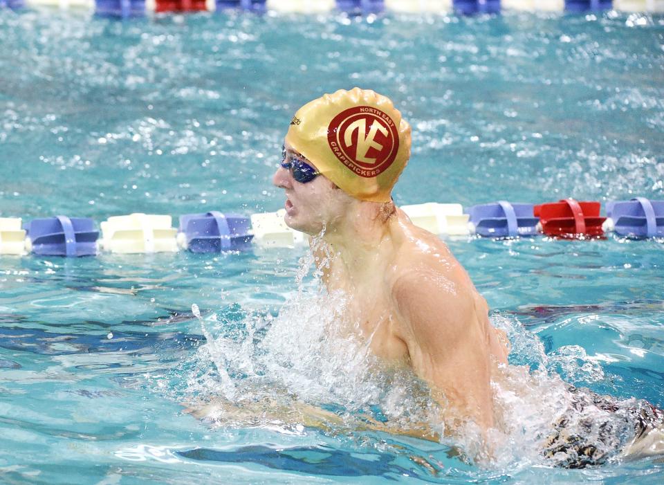 North East's Evan Kemp swims the breaststroke leg for his 200-yard individual medley heat during Saturday's Iroquois Coaches Association Swimming & Diving Invitational. Kemp was the eventual gold medalist for that event, as well as the meet's 100 butterfly competition.