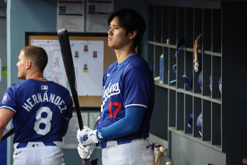 Los Angeles, CA - March 25: Shohei Ohtani gets ready to bat during the Los Angeles Dodgers.