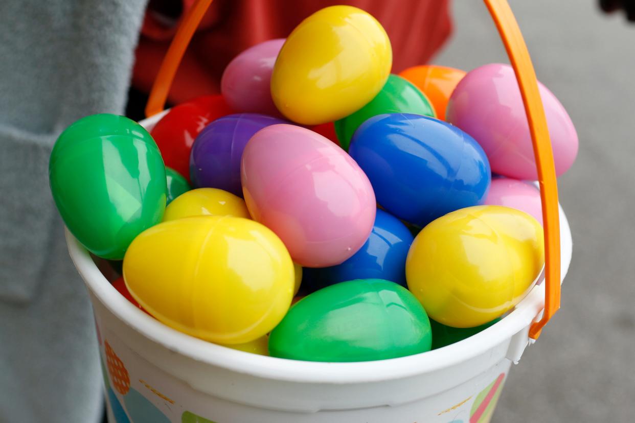 FILE - One lucky kid's basket after the Easter egg hunt at the Heard Park "Egg-Stra Special Easter egg hunt" in Athens, Ga., on Saturday, April 9, 2022.