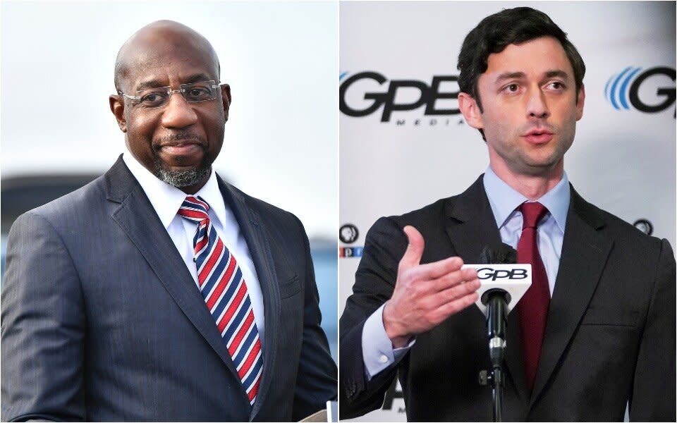 Rev. Raphael Warnock, left, and Jon Ossoff flipped two Georgia Senate seats for Democrats. Progressives see their successful use of a fight over $2,000 payments as a model. (Photo: Getty Images)