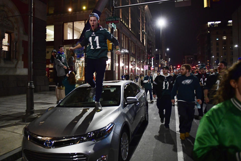 Philadelphia Eagles fans celebrate in downtown Philly. (Getty)