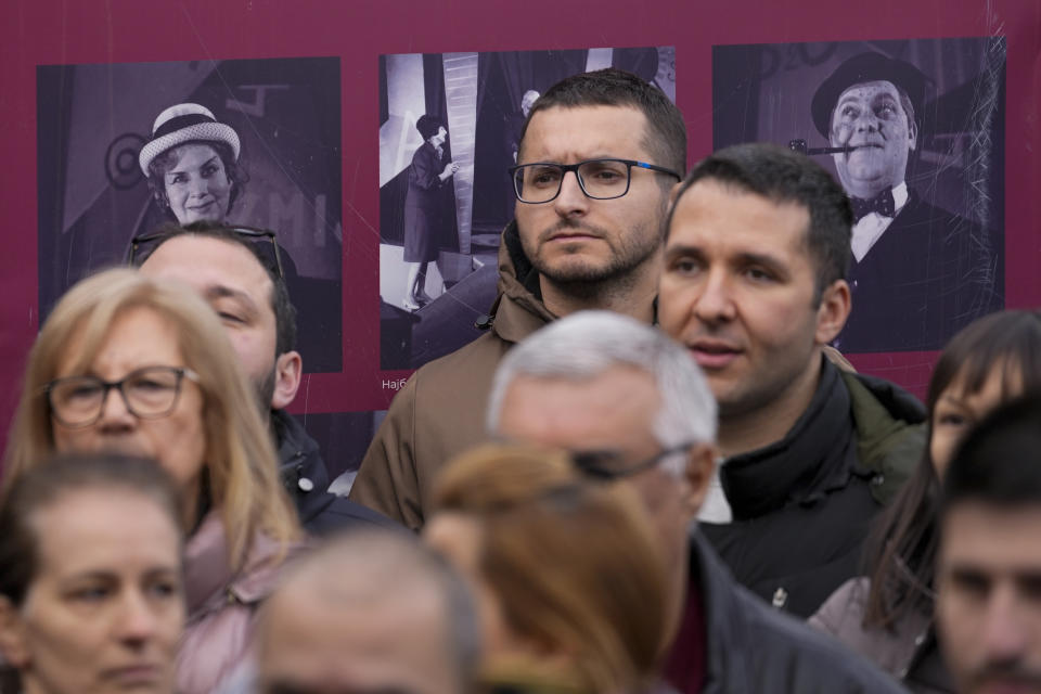 People attend a rally of ProGlas initiative in Nis, Serbia, Sunday, Dec. 10, 2023. ProGlas initiative was formed by a number of prominent public figures to call the electorate to turn out to vote at the Dec. 17 elections. Serbia's President Aleksandar Vucic is pushing hard to reassert his populist party's dominance at this weekend's early parliamentary and local elections that observers say are being held in an atmosphere of intimidation and media bias. (AP Photo/Darko Vojinovic)