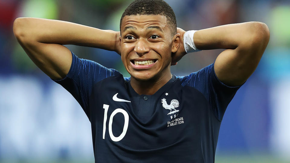 MOSCOW, RUSSIA – JULY 15: Kylian Mbappe of France is seen during the 2018 FIFA World Cup Russia Final between France and Croatia at Luzhniki Stadium on July 15, 2018 in Moscow, Russia. (Photo by Ian MacNicol/Getty Images)